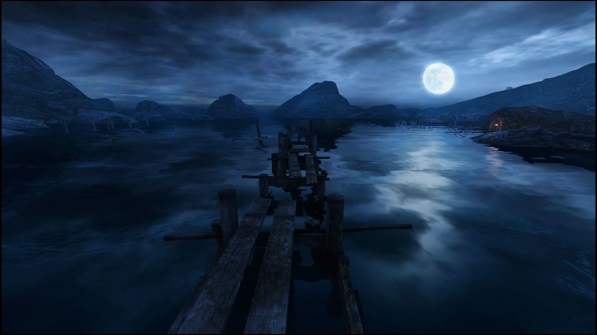 Dear Esther: Landmark Edition (PlayStation 4) screenshot: A moonlit docks
