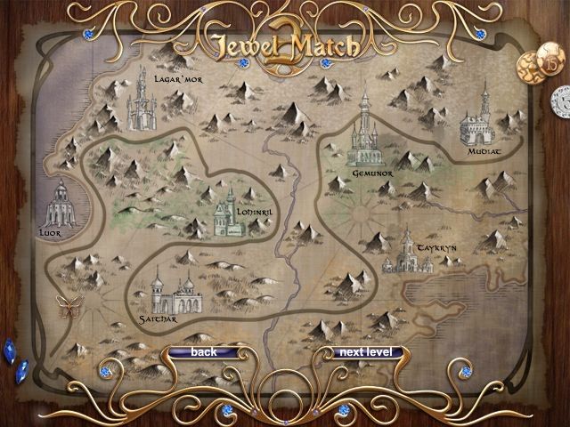 Jewel Match 2 (Browser) screenshot: The world map. The little butterfly in the lower left corner shows my progress. It moves with building the castle.