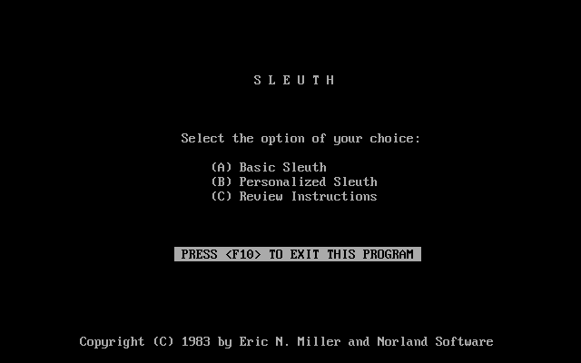 Sleuth (DOS) screenshot: Game menu
