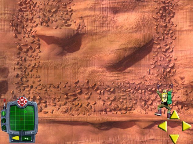 Rescue Heroes: Meteor Madness (Windows) screenshot: In "Klondike Canyons" the player must locate and rescue stranded hikers. The Data Pak radar screen shows where they are in relation to hero Rocky