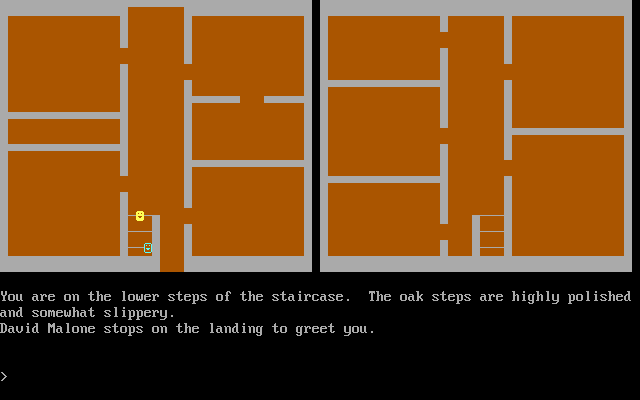 Sleuth (DOS) screenshot: Taking the staircase to examine the rooms upstairs.