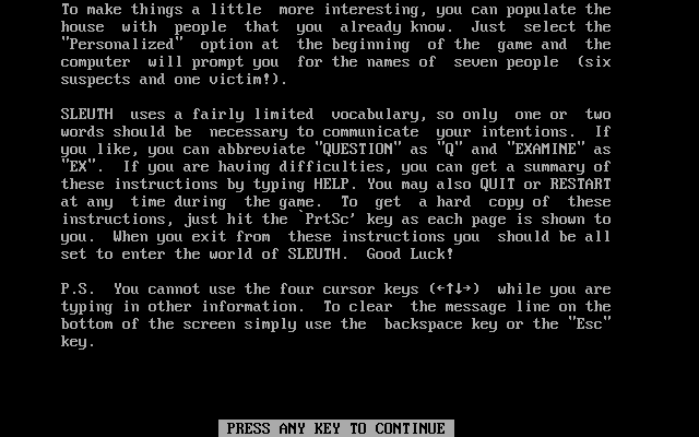 Sleuth (DOS) screenshot: Instructions (part 4 of 4)