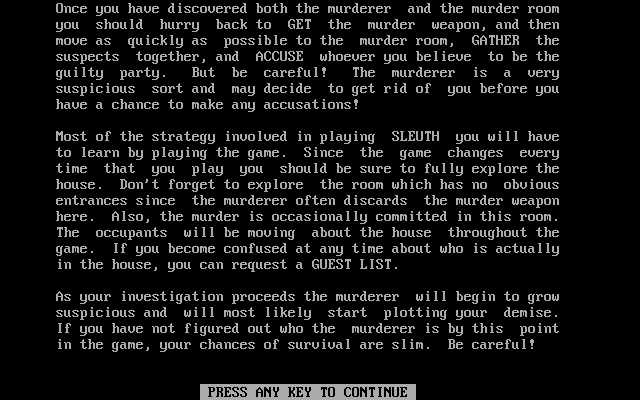 Sleuth (DOS) screenshot: Instructions (part 3 of 4)