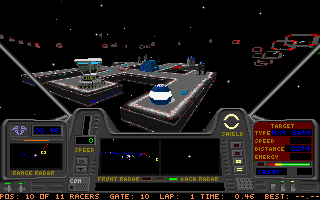 Star Quest I in the 27th Century (DOS) screenshot: Those gates with red edges indicate where the racing track is. One is supposed to elegantly fly through them without making contact.