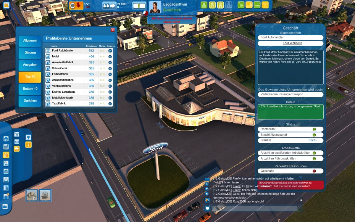 Cities XL (Windows) screenshot: This car dealer is currently the most successfully business in my town although it too complains that it can't sell all the wares I produce.