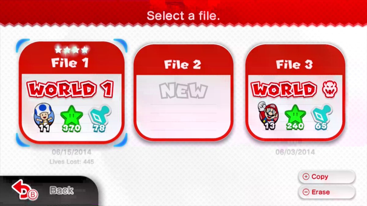 Super Mario 3D World (Wii U) screenshot: Select a file