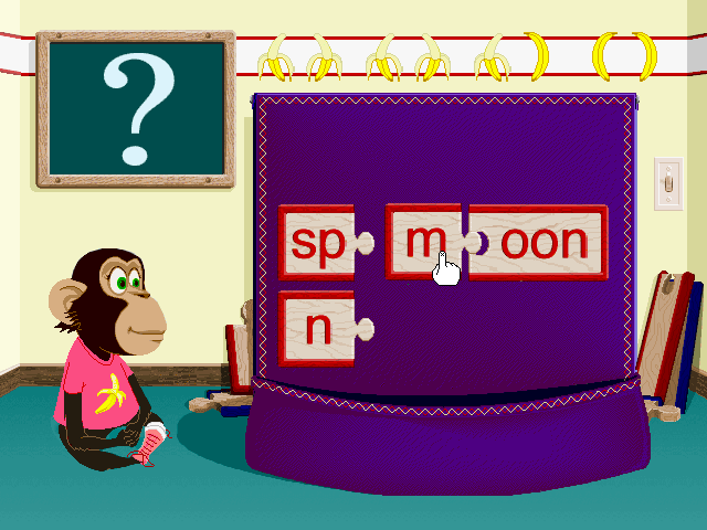 Ready, Set, Read with Bananas & Jack (Windows 3.x) screenshot: Trying to make a word 'moon'