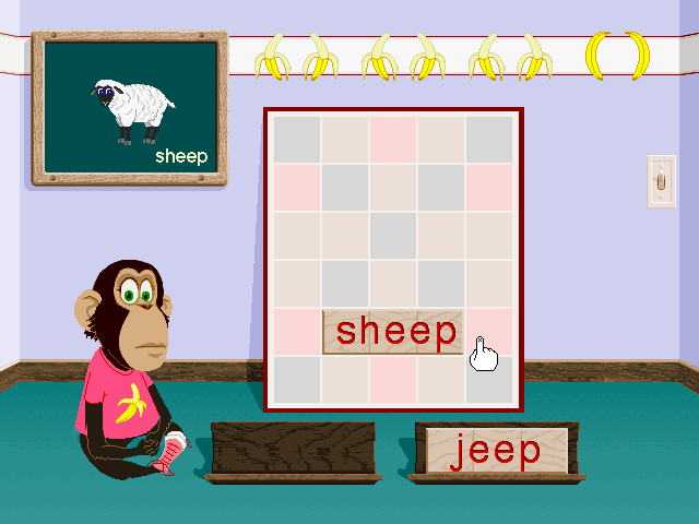 Ready, Set, Read with Bananas & Jack (Windows 3.x) screenshot: All possible answers were reduced to the proper word 'sheep'