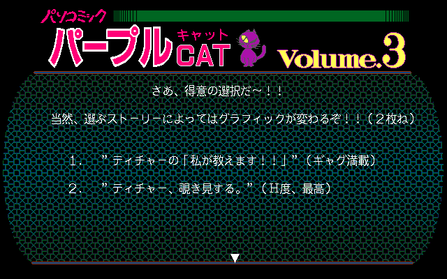 Pasocomic Purple Cat Volume. 3: The Jokyōshi Tokushū (PC-98) screenshot: Oh wow! There are choices! Interactivity!..