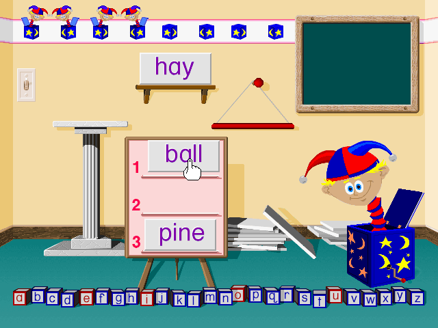 Ready, Set, Read with Bananas & Jack (Windows 3.x) screenshot: Two words are already placed, but the 'hay' word should still be placed into the empty place