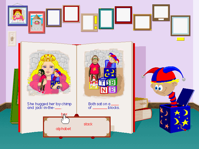 Ready, Set, Read with Bananas & Jack (Windows 3.x) screenshot: Dragging the 'box' word to the proper place in the story