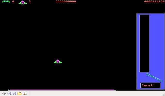 Bandits! (DOS) screenshot: Ths start of the game. The player's ship arrives on screen and bounces noisily for a while.