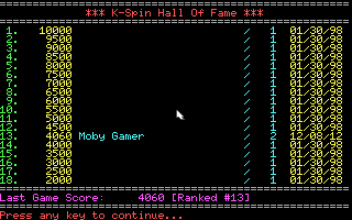 Kurt's Spaced Invaders (DOS) screenshot: Shareware version: the high score table. From here the player is returned to the main menu.