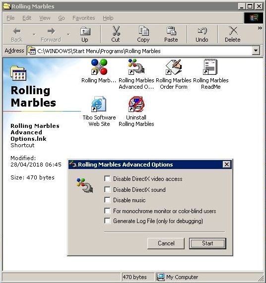 Rolling Marbles (Windows) screenshot: The game installs with a second launch option that allows the player to disable resource hungry features