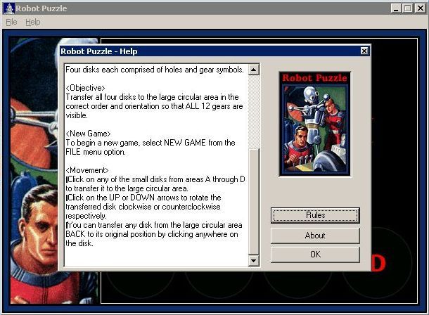 Robot Puzzle (Windows) screenshot: The game's help file opens in a separate, resizeable window