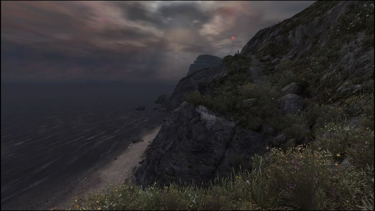 Dear Esther: Landmark Edition (PlayStation 4) screenshot: Following the red light flashing in the distance
