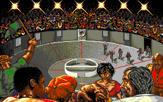 Killerball (DOS) screenshot: The teams enter the rink (light on)