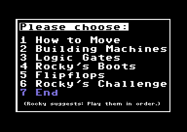 Rocky's Boots (Commodore 64) screenshot: Choose your destiny!