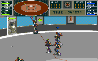 Killerball (DOS) screenshot: Green team with ball near its hole...