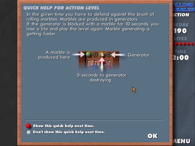 Rolling Marbles (Windows) screenshot: The start of a game. Before the player gets to play their first action level the game shows this optional help screen as a reminder of what to do