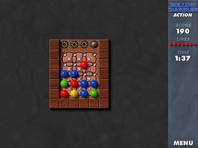 Rolling Marbles (Windows) screenshot: Level Two: An Action level. Marbles appear from the generator cells at the top of the game area quickly fill up the board