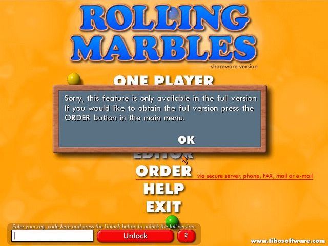 Rolling Marbles (Windows) screenshot: The editing function which allows the player to make their own levels is only available in the registered version