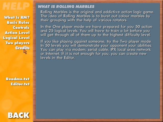 Rolling Marbles (Windows) screenshot: The game has a detailed help function that is accessed via the min menu