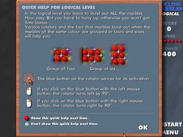 Rolling Marbles (Windows) screenshot: The start of a game. Before the player gets to play their first logical level the game shows this optional help screen as a reminder of what to do