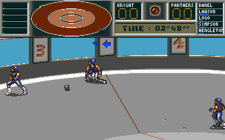Killerball (DOS) screenshot: All green team mebers are unconscious...Blue team shout catch the ball and make a score...