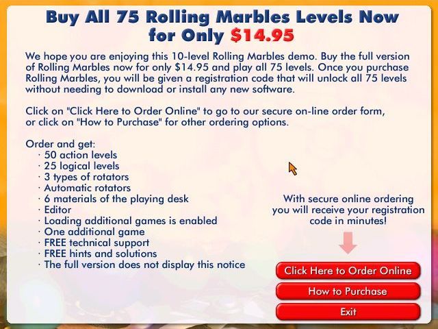 Rolling Marbles (Windows) screenshot: The exit screen (shareware version)