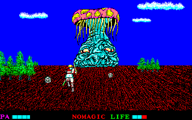 Argo (PC-88) screenshot: The local large monster fires projectiles at you