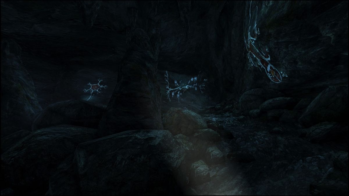 Dear Esther: Landmark Edition (PlayStation 4) screenshot: Exploring a small cavern with scribblings