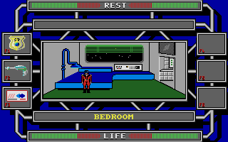 Omnicron Conspiracy (Atari ST) screenshot: Starting in the bedroom. No adventure in sight