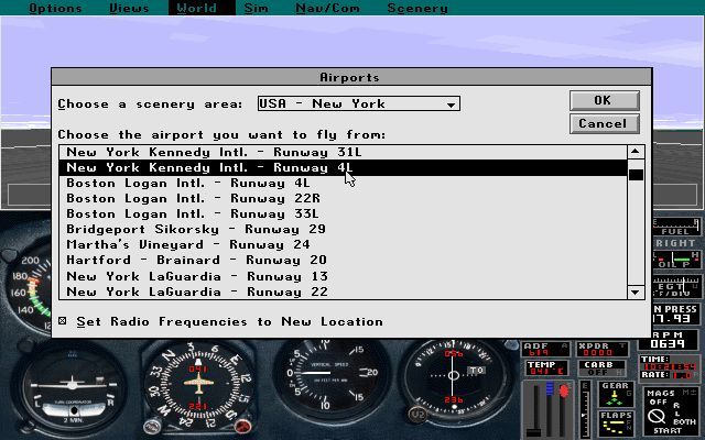 Microsoft New York: Scenery Enhancement for Microsoft Flight Simulator (DOS) screenshot: The flight simulator already contains a scenery file for New York. Microsoft Flight Simulator (5.0a) - Default Scenery