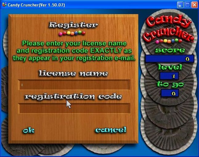 Candy Cruncher (Windows) screenshot: When players register the shareware game they are sent a code to unlock the full game
