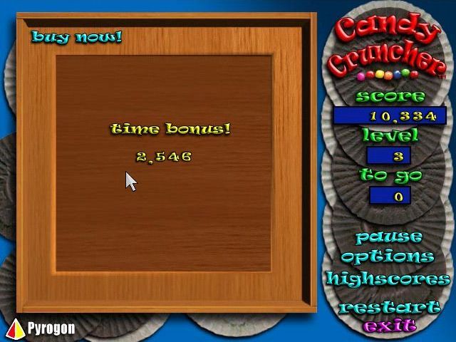 Candy Cruncher (Windows) screenshot: The faster the levels are completed the greater the bonus
