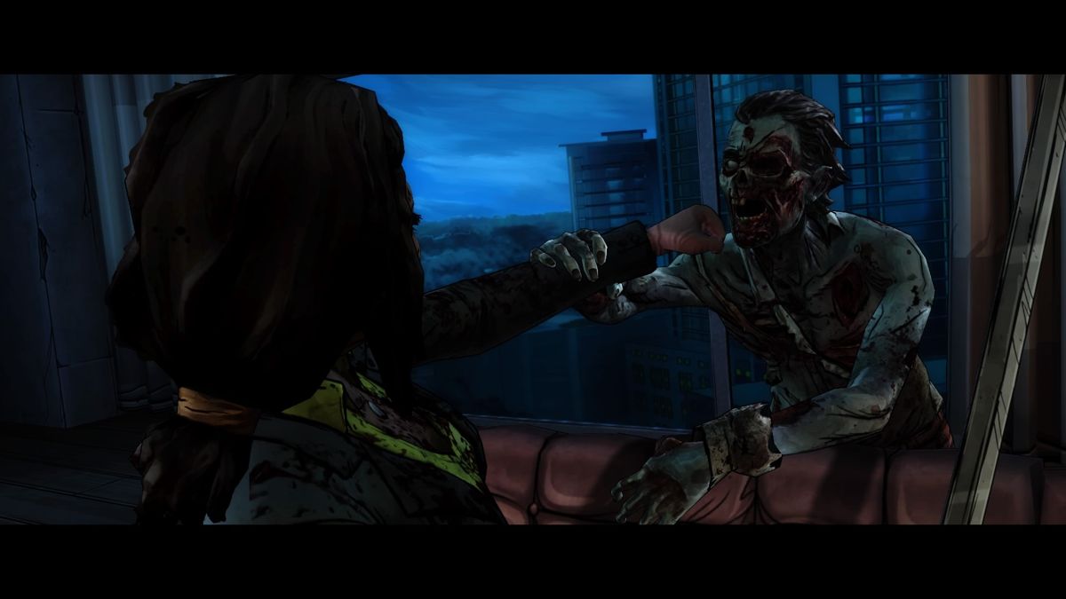The Walking Dead: Michonne - Episode 1: In Too Deep (PlayStation 4) screenshot: Fighting zombies intersects scenes from past and present