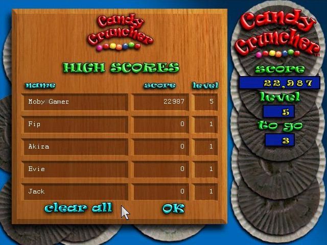 Candy Cruncher (Windows) screenshot: The high score table comes preopoulated with nice low scores