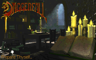 The Elder Scrolls: Daggerfall (Demo Version) (DOS) screenshot: The loading screen shows a mirrored image of the library from the full game's intro sequence.