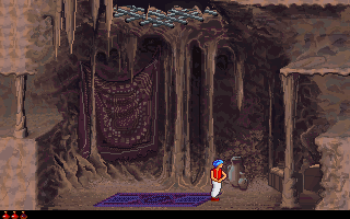 Prince of Persia 2: The Shadow & The Flame (DOS) screenshot: A magic carpet could be useful, but how can the Prince get it animated?...