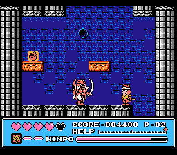 Kyatto Ninden Teyandee (NES) screenshot: Underwater fight against armored enemy.