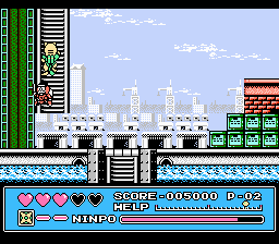 Kyatto Ninden Teyandee (NES) screenshot: Go to ladder, escape far away from enemy.