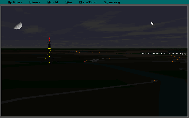 Microsoft Paris: Scenery Enhancement for Microsoft Flight Simulator (DOS) screenshot: This is the 'City of Lights' situation, a night time flight over Paris, using the default scenery