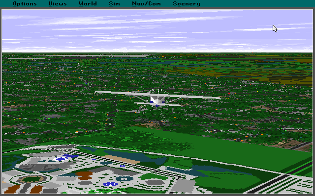 Microsoft Paris: Scenery Enhancement for Microsoft Flight Simulator (DOS) screenshot: One of the new flight situations is a flight over Euro Disney. This screen shot was taken on the approach. It shows how well the park blends with the scenery around it.