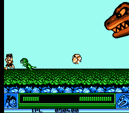 Joe & Mac: Caveman Ninja (NES) screenshot: Big T-rex spits small t-princes. :D