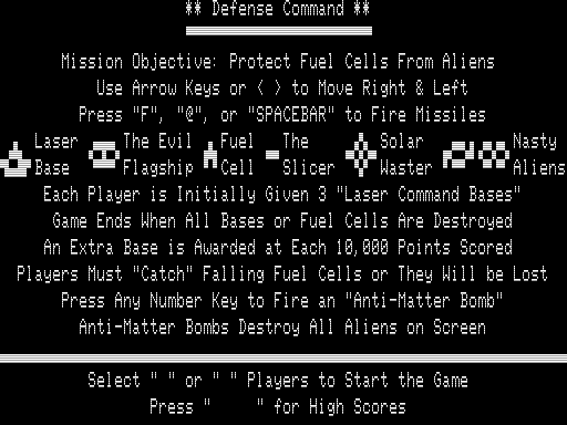 Defense Command (TRS-80) screenshot: Instructions