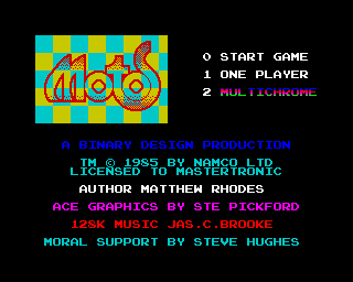 Motos (ZX Spectrum) screenshot: Title screen, here you can select the number of players as well as either to play this in monochrome or multichrome