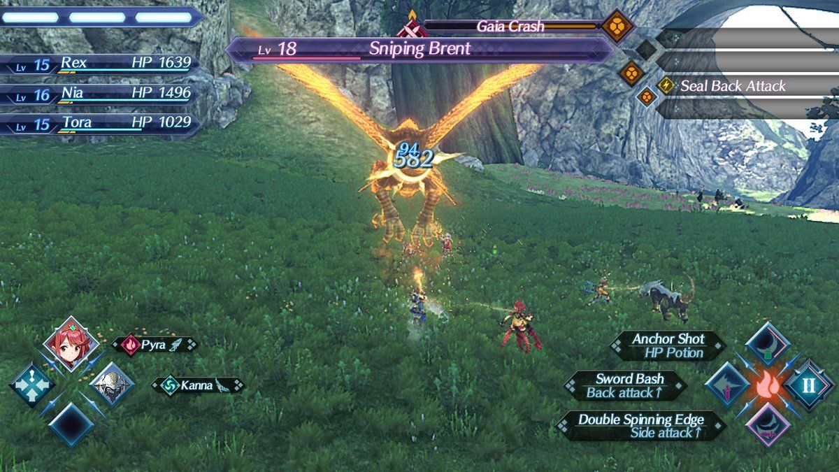 Xenoblade Chronicles 2 (Nintendo Switch) screenshot: Battle scene against a miniboss of sorts. Here, as seen in the upper right corner, the party is in the middle of a combo move, but nobody has a Blade capable of completing it.