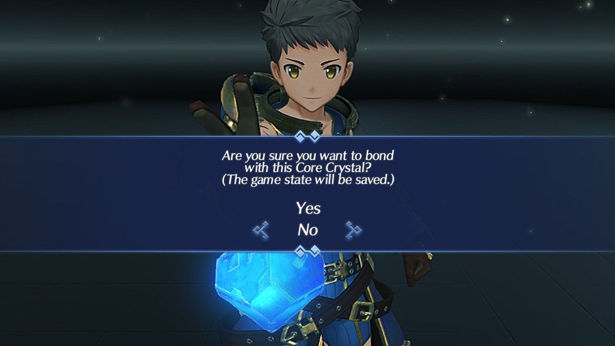 Xenoblade Chronicles 2 (Nintendo Switch) screenshot: The party acquires new Blades by bonding with Core Crystals. Since the outcome is randomized, the game is saved beforehand.