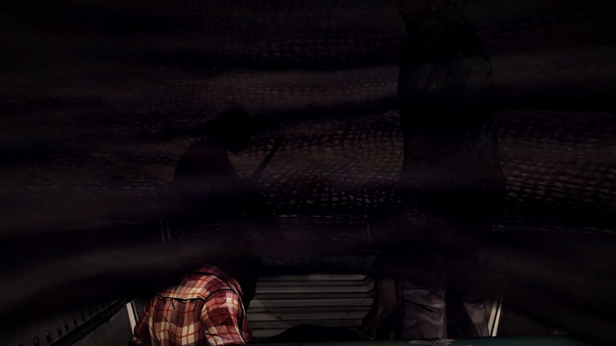 The Walking Dead: Michonne - Episode 1: In Too Deep (PlayStation 4) screenshot: Can't see that well, what with that jute bag over my head